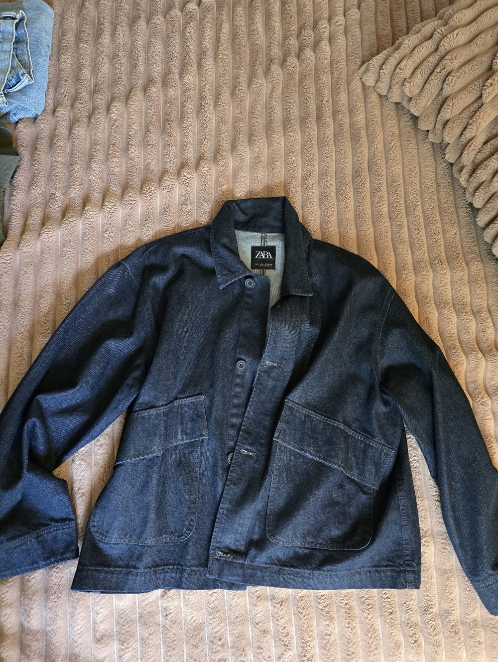 Zara Men's Dark Indigo Denim Cropped Overshirt Jacket